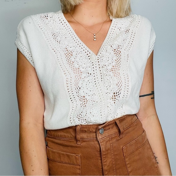 Vintage Sweaters - VINTAGE | Crochet Eyelet Knit Drop Shoulder 90s Cardigan Sweater Top